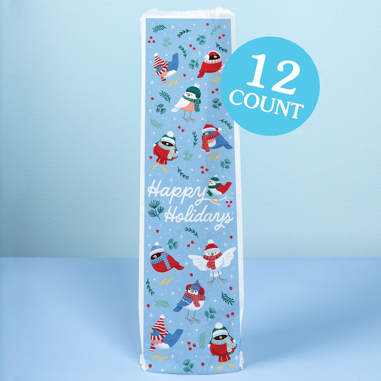 Big Dot of Happiness Winter Birds Wine Gift Bags, Christmas Party Hostess Thank You Wine Bottle Gift Wrap, Bulk Holiday Paper Bags - 12 ct